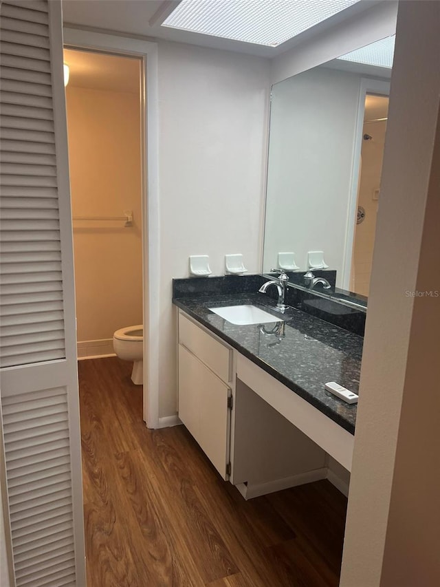 bathroom with vanity, hardwood / wood-style floors, and toilet