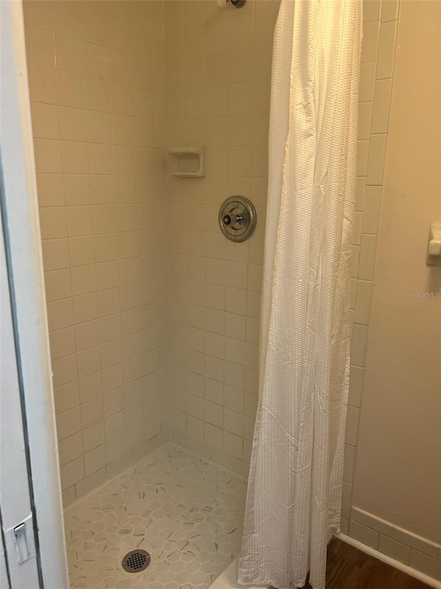 bathroom featuring walk in shower and hardwood / wood-style flooring