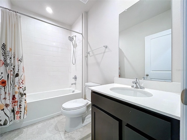 full bathroom with shower / tub combo, vanity, tile patterned flooring, and toilet