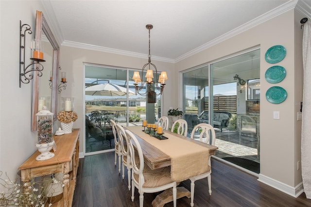 dining room with an inviting chandelier, crown molding, and dark wood-type flooring