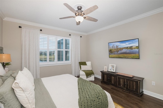 bedroom with crown molding, dark wood-type flooring, and ceiling fan