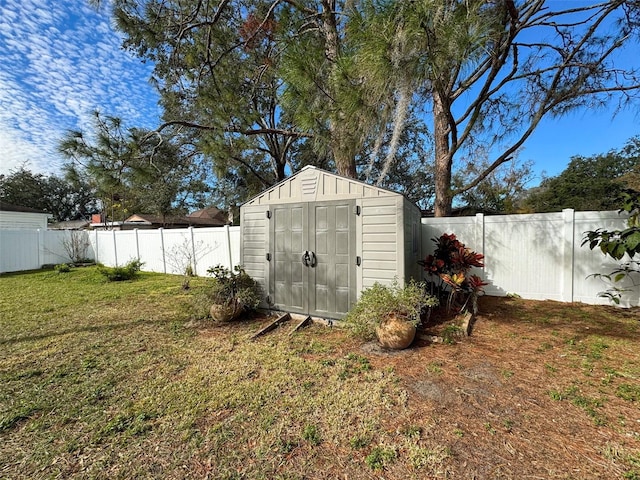 view of shed with a fenced backyard