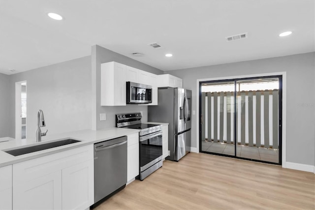 5925 Seaside Dr, New Port Richey, FL 34652 - kitchen with appliances with stainless steel finishes, sink, white cabinets, and light hardwood / wood-style floors
