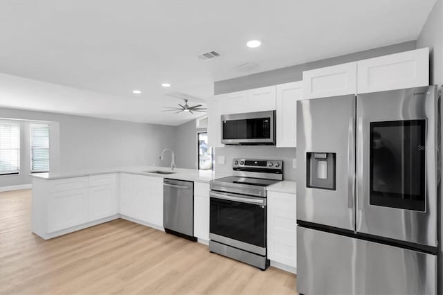 5925 Seaside Dr, New Port Richey, FL 34652 - kitchen featuring sink, white cabinetry, kitchen peninsula, stainless steel appliances, and light hardwood / wood-style floors