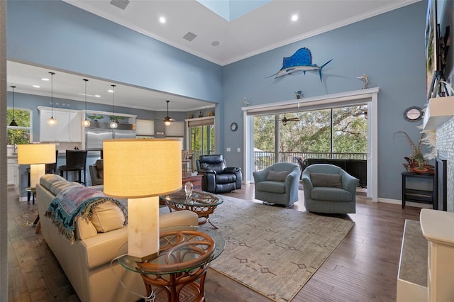 living room with crown molding, a towering ceiling, dark hardwood / wood-style floors, and a skylight