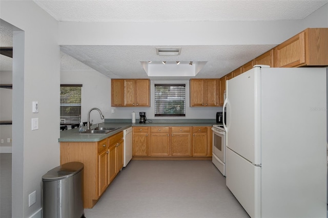 kitchen featuring white appliances, sink, and a textured ceiling