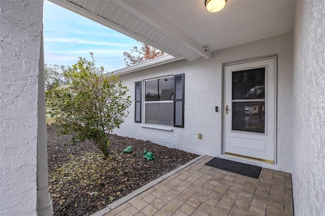 view of exterior entry featuring a patio