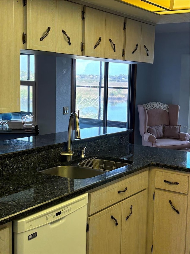 kitchen featuring white dishwasher, sink, and light brown cabinets