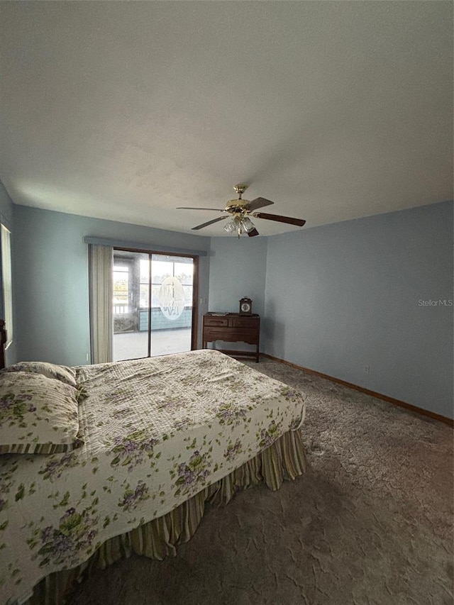 bedroom with carpet, access to outside, and ceiling fan