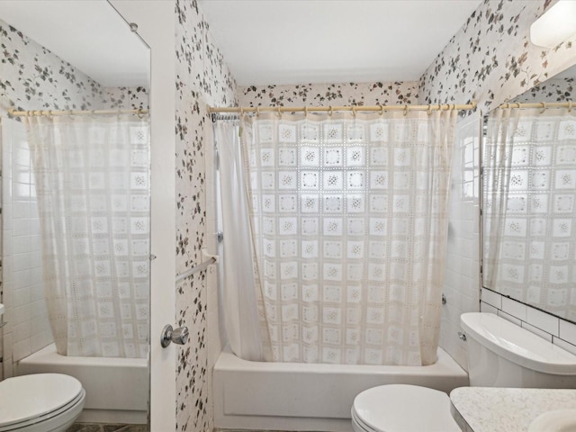 bathroom with toilet, shower / bath combo with shower curtain, and tile walls