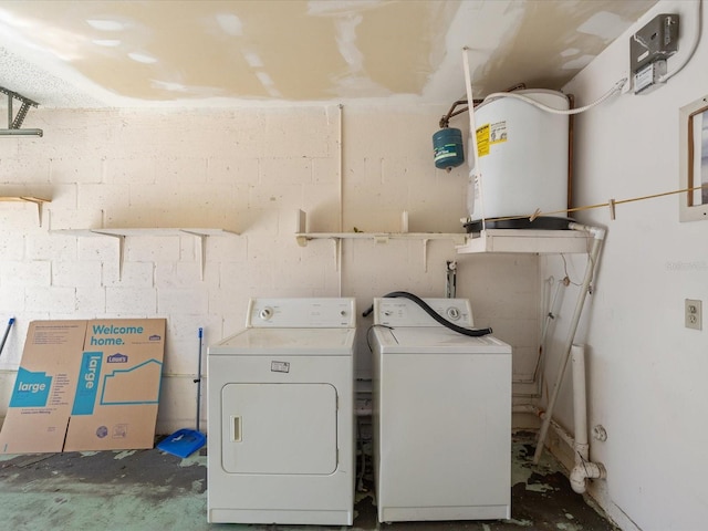 laundry area featuring water heater and washer and dryer