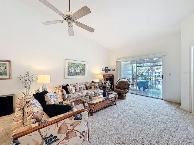 1203 Clays Trl Unit 406, Oldsmar, FL 34677 - living room with ceiling fan, carpet floors, and high vaulted ceiling