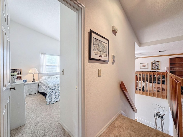 1203 Clays Trl Unit 406, Oldsmar, FL 34677 - hallway featuring vaulted ceiling, light colored carpet, and an upstairs landing