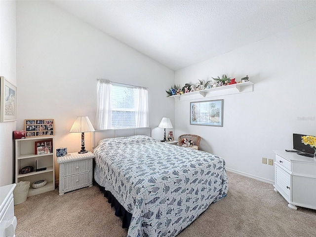 1203 Clays Trl Unit 406, Oldsmar, FL 34677 - bedroom with lofted ceiling, light carpet, a textured ceiling, and baseboards