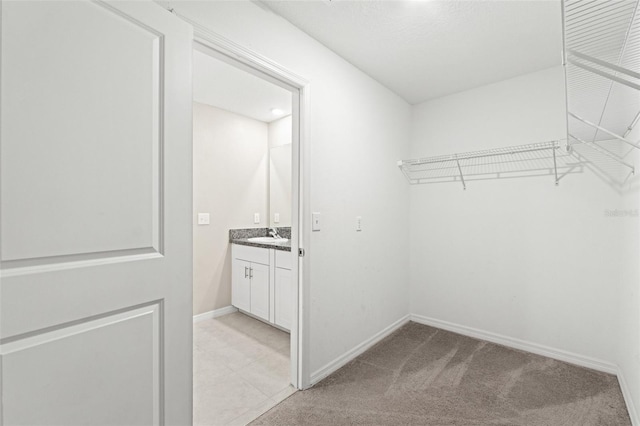 walk in closet with sink and light carpet