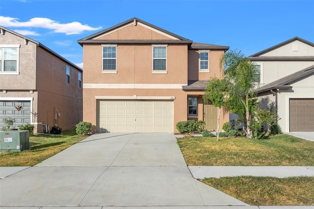 front of property featuring a garage, a front yard, and central air condition unit