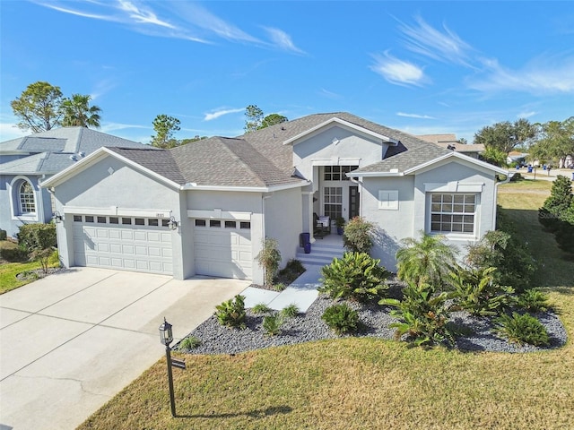 ranch-style home featuring a garage and a front yard