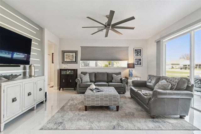 living room with ceiling fan