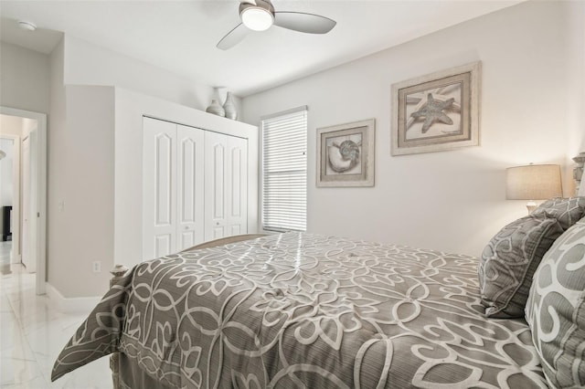 bedroom with ceiling fan and a closet