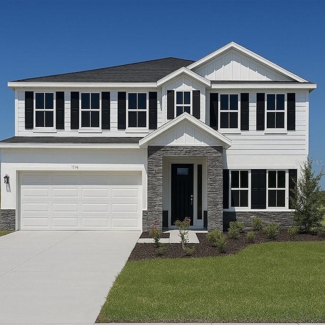 10118 Zennia Ln, Parrish, FL 34219 - craftsman-style house with stone siding, board and batten siding, a garage, driveway, and a front yard