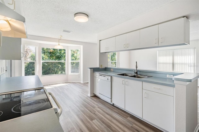 kitchen with pendant lighting, sink, dishwasher, range with electric cooktop, and white cabinets