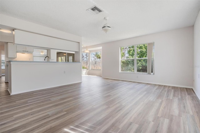 unfurnished living room with sink, light hardwood / wood-style floors, and a textured ceiling