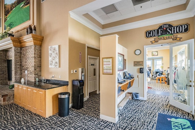 interior space with crown molding and dark carpet