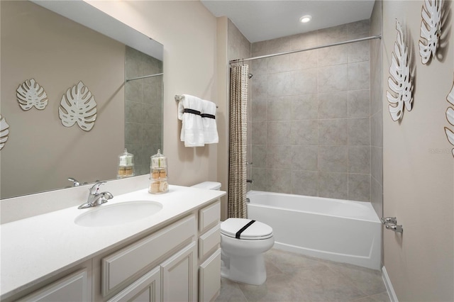 full bathroom featuring shower / tub combo with curtain, vanity, toilet, and tile patterned flooring