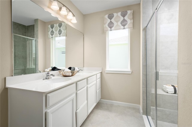 bathroom with tile patterned floors, vanity, and a shower with door