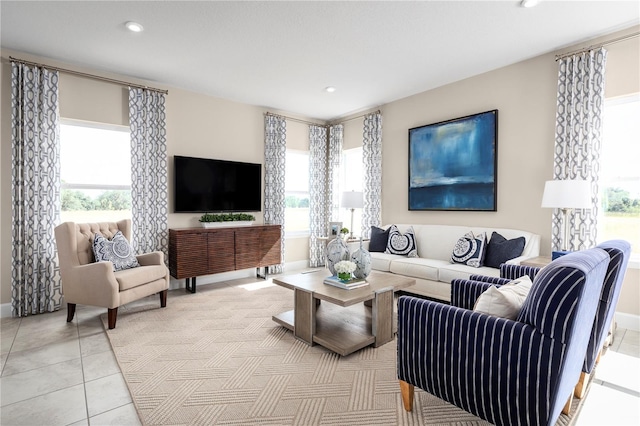 living room featuring light tile patterned flooring