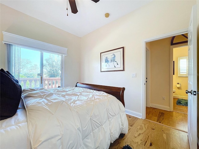 bedroom featuring access to exterior, ceiling fan, and light hardwood / wood-style flooring