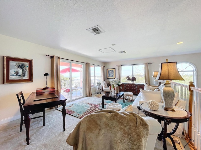 carpeted living room with a textured ceiling