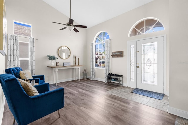 foyer with hardwood / wood-style floors, plenty of natural light, and high vaulted ceiling