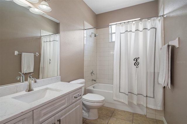 full bathroom featuring shower / bath combination with curtain, vanity, toilet, and tile patterned flooring