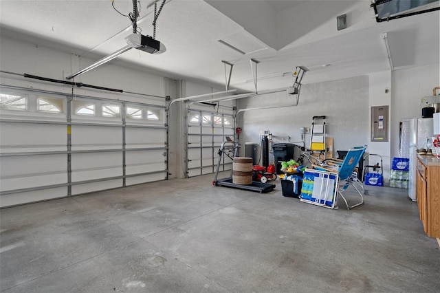 garage featuring a garage door opener and electric panel