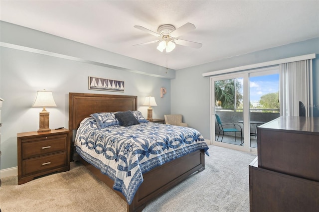 bedroom with access to outside, light colored carpet, and ceiling fan