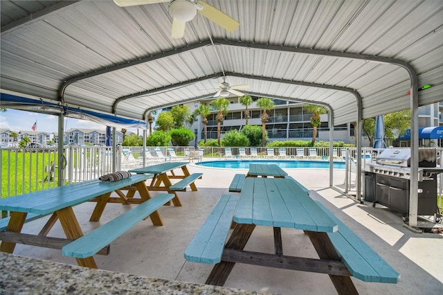 view of pool with ceiling fan