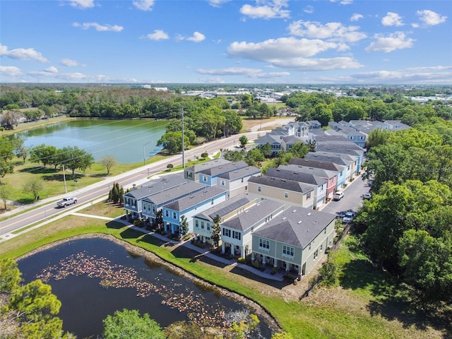 drone / aerial view featuring a water view