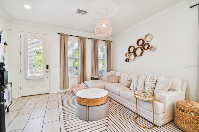 tiled living room with crown molding