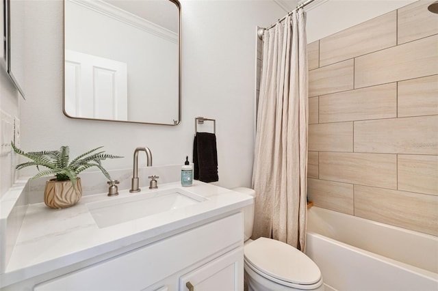 full bathroom featuring vanity, ornamental molding, shower / tub combo with curtain, and toilet