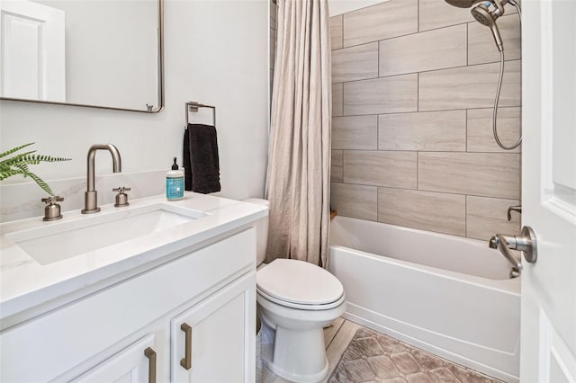 full bathroom with vanity, shower / bath combination with curtain, and toilet