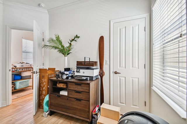 interior space with crown molding and light hardwood / wood-style flooring