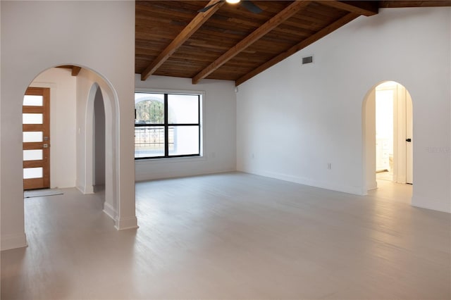 unfurnished living room with wood ceiling, beam ceiling, light hardwood / wood-style floors, and high vaulted ceiling