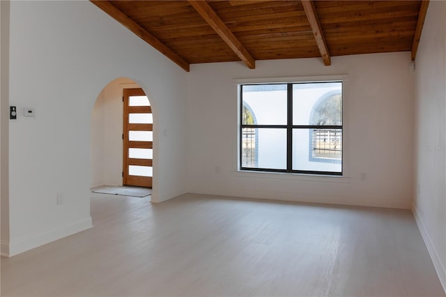 spare room with vaulted ceiling with beams, light hardwood / wood-style flooring, and wooden ceiling