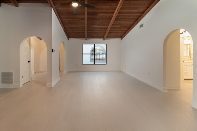 spare room with beam ceiling, wood ceiling, high vaulted ceiling, and light wood-type flooring