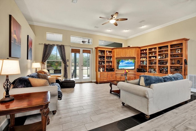 living room with french doors, ceiling fan, and ornamental molding