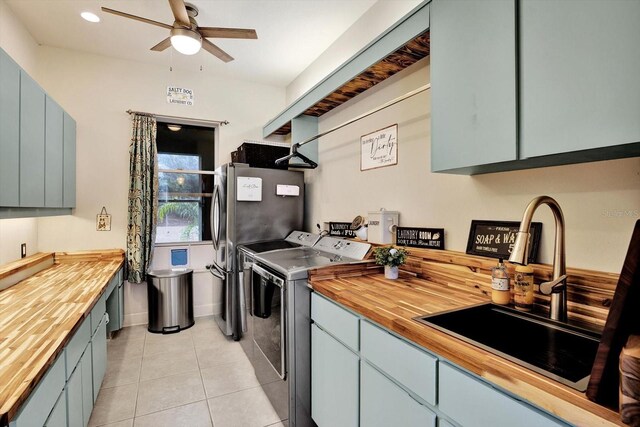 10030 Orchard Way, Spring Hill, FL 34608 - kitchen with wood counters, stove, a sink, ceiling fan, and recessed lighting