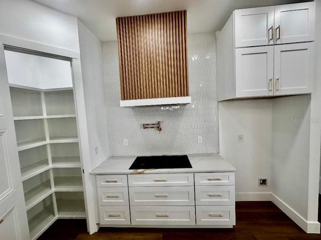 interior space with white cabinetry, light stone counters, dark hardwood / wood-style flooring, and decorative backsplash