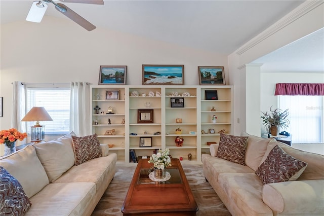 living room with vaulted ceiling and ceiling fan