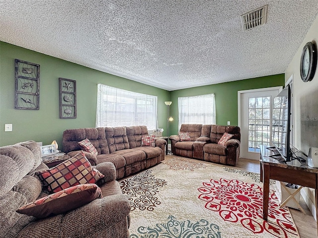 living room featuring hardwood / wood-style flooring and a textured ceiling